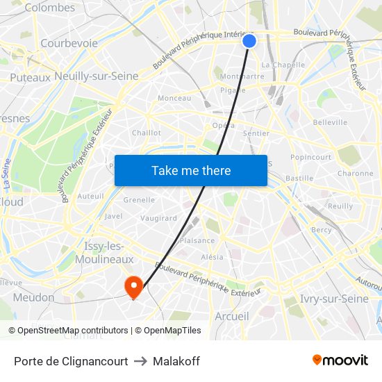 Porte de Clignancourt to Malakoff map