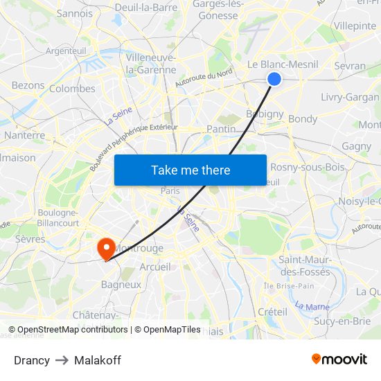 Drancy to Malakoff map