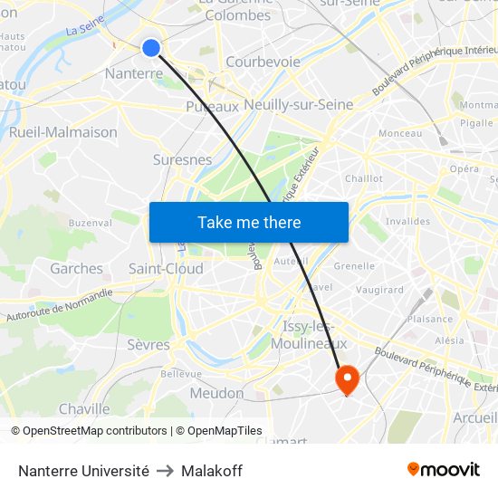 Nanterre Université to Malakoff map