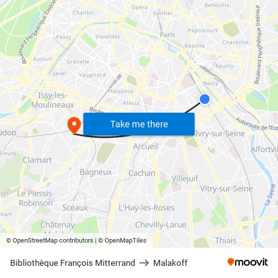 Bibliothèque François Mitterrand to Malakoff map