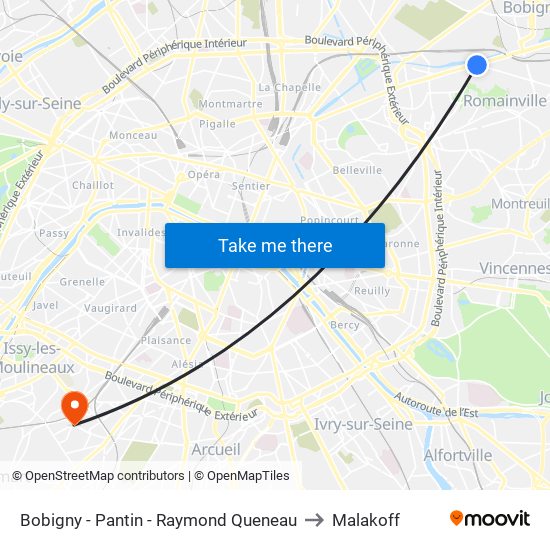 Bobigny - Pantin - Raymond Queneau to Malakoff map