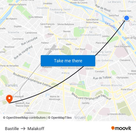 Bastille to Malakoff map