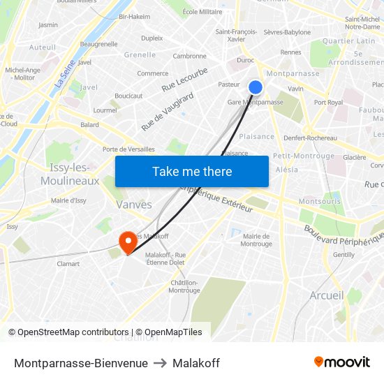 Montparnasse-Bienvenue to Malakoff map