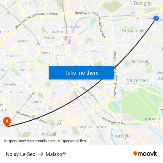 Noisy-Le-Sec to Malakoff map