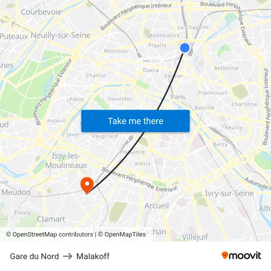 Gare du Nord to Malakoff map