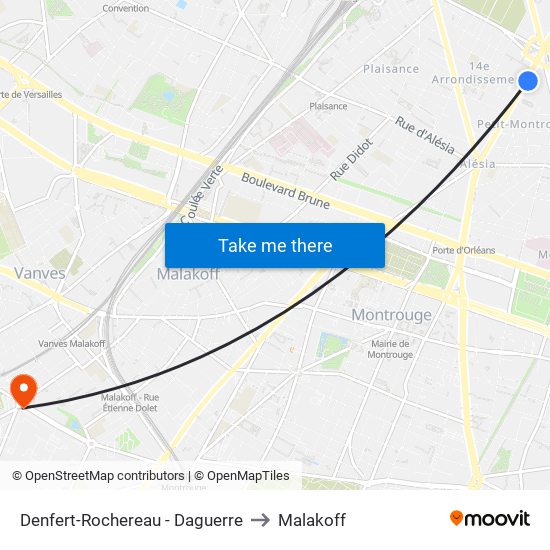 Denfert-Rochereau - Daguerre to Malakoff map