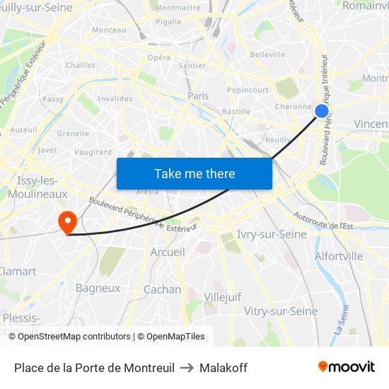 Place de la Porte de Montreuil to Malakoff map