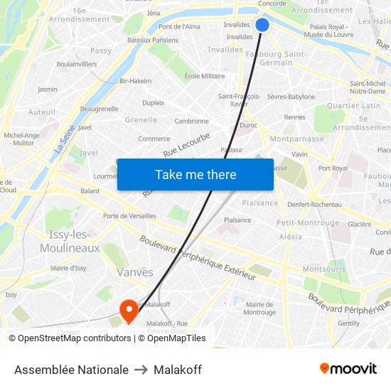 Assemblée Nationale to Malakoff map