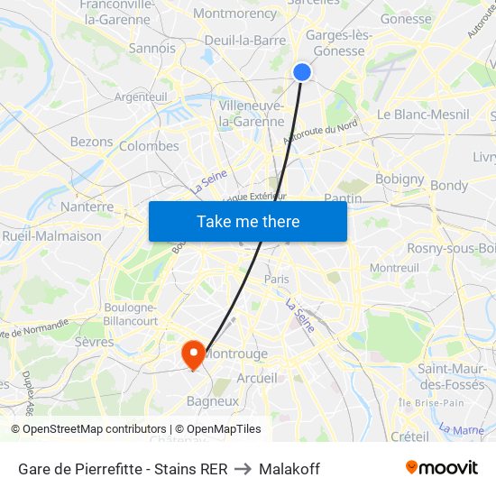 Gare de Pierrefitte - Stains RER to Malakoff map
