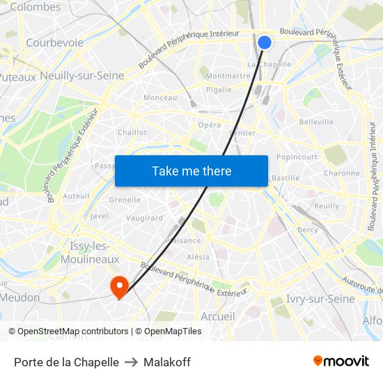 Porte de la Chapelle to Malakoff map