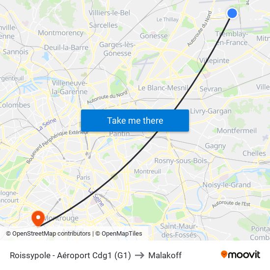 Roissypole - Aéroport Cdg1 (G1) to Malakoff map