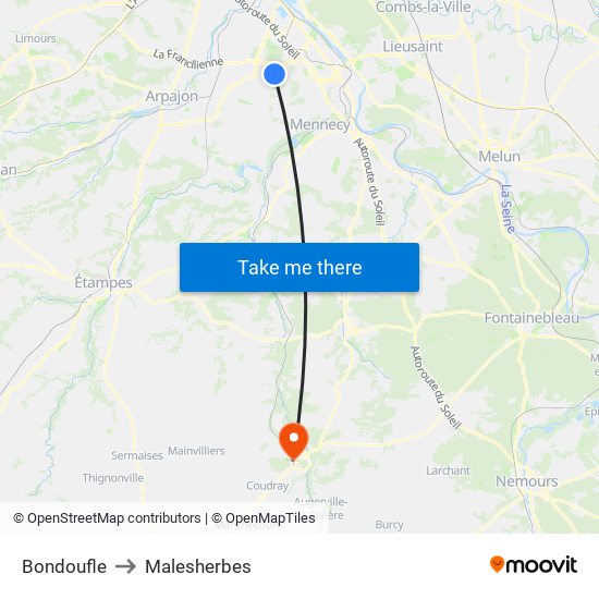 Bondoufle to Malesherbes map