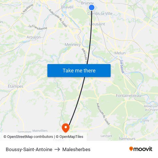 Boussy-Saint-Antoine to Malesherbes map