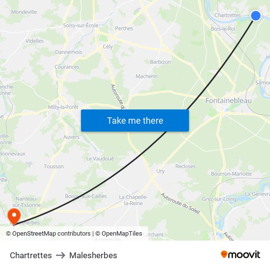 Chartrettes to Malesherbes map