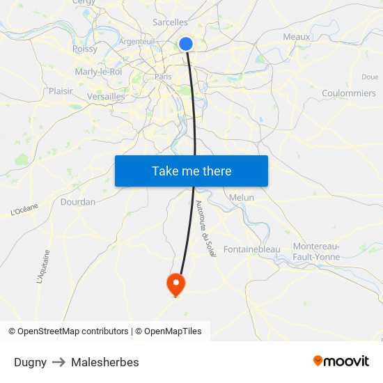 Dugny to Malesherbes map