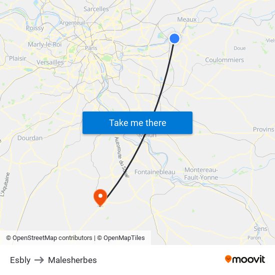 Esbly to Malesherbes map