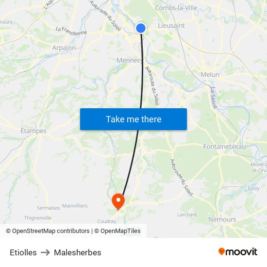 Etiolles to Malesherbes map