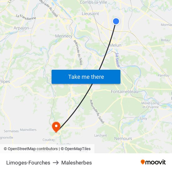 Limoges-Fourches to Malesherbes map