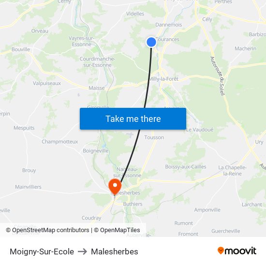 Moigny-Sur-Ecole to Malesherbes map