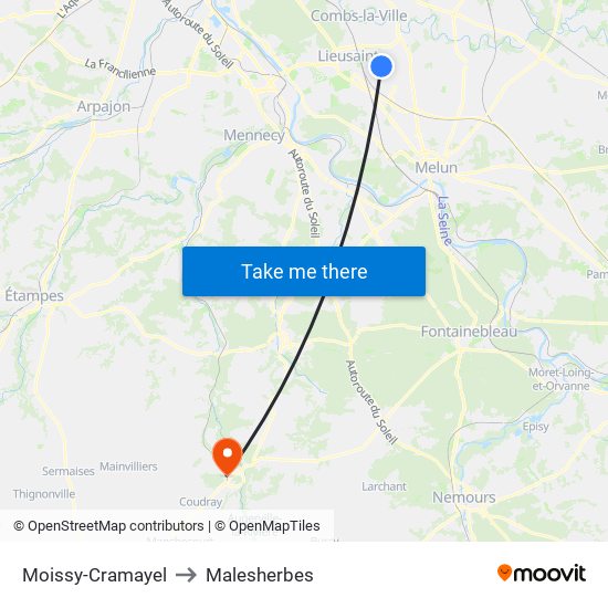 Moissy-Cramayel to Malesherbes map