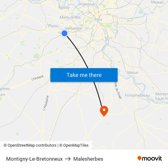 Montigny-Le-Bretonneux to Malesherbes map