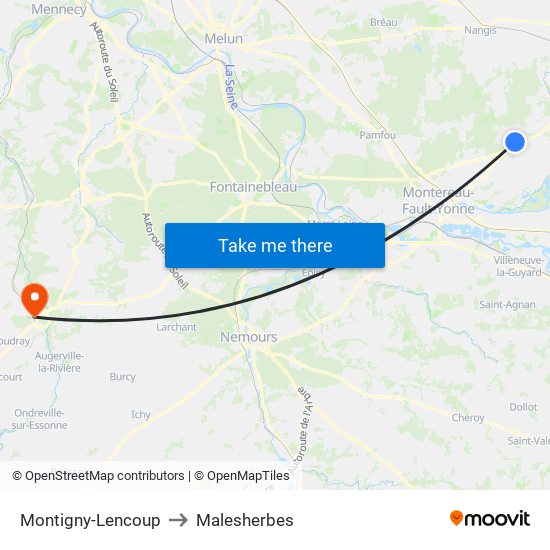 Montigny-Lencoup to Malesherbes map