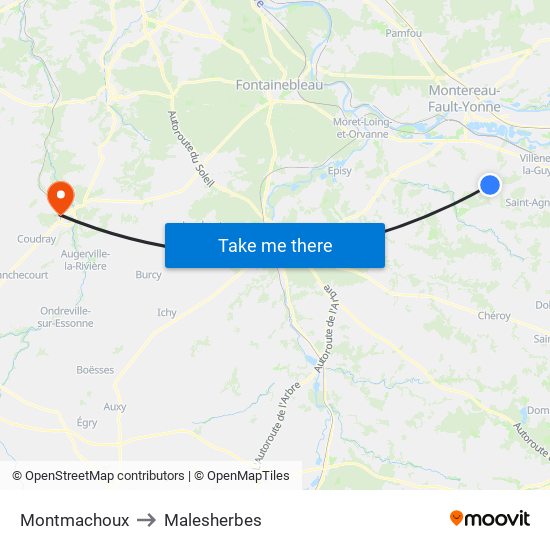 Montmachoux to Malesherbes map