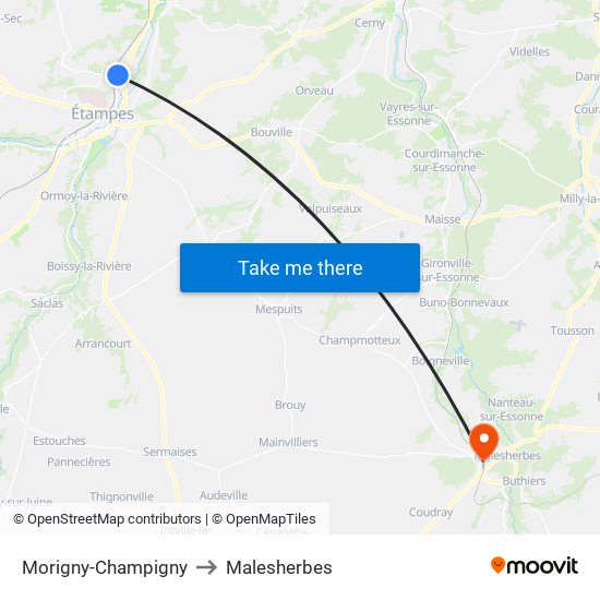 Morigny-Champigny to Malesherbes map