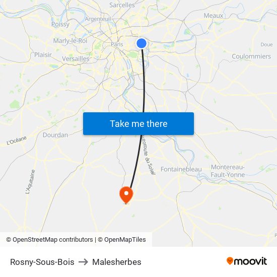 Rosny-Sous-Bois to Malesherbes map