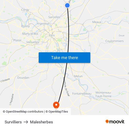 Survilliers to Malesherbes map