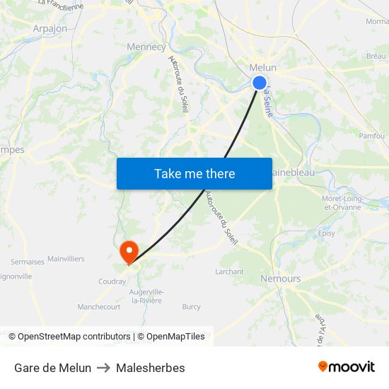 Gare de Melun to Malesherbes map