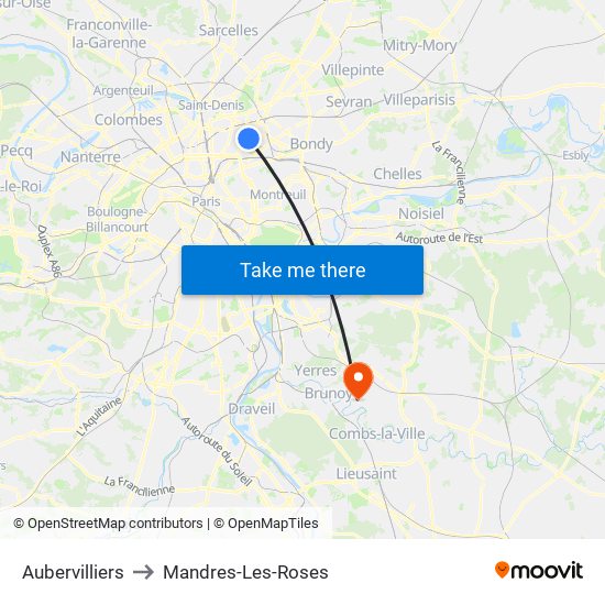 Aubervilliers to Mandres-Les-Roses map
