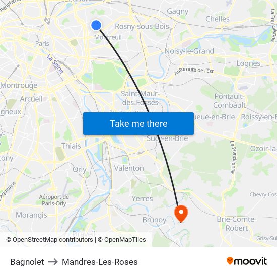 Bagnolet to Mandres-Les-Roses map