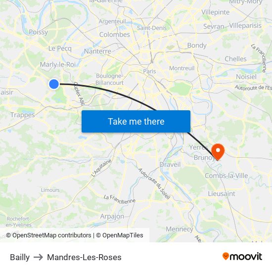 Bailly to Mandres-Les-Roses map