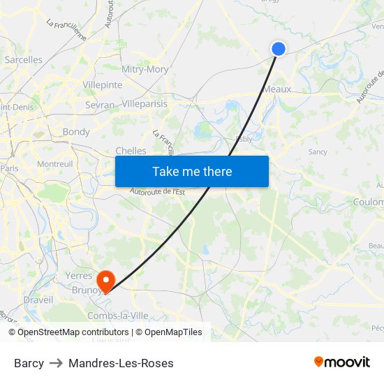 Barcy to Mandres-Les-Roses map