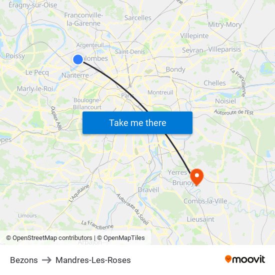 Bezons to Mandres-Les-Roses map