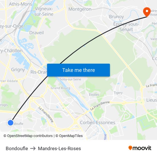 Bondoufle to Mandres-Les-Roses map