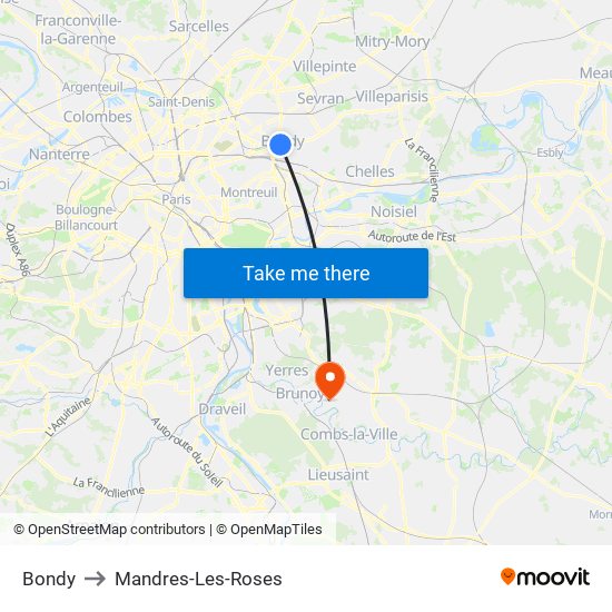 Bondy to Mandres-Les-Roses map