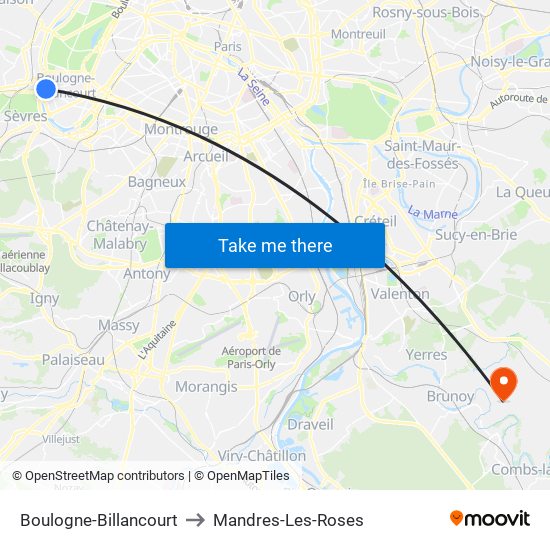 Boulogne-Billancourt to Mandres-Les-Roses map