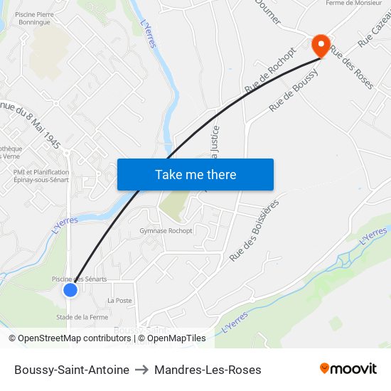 Boussy-Saint-Antoine to Mandres-Les-Roses map