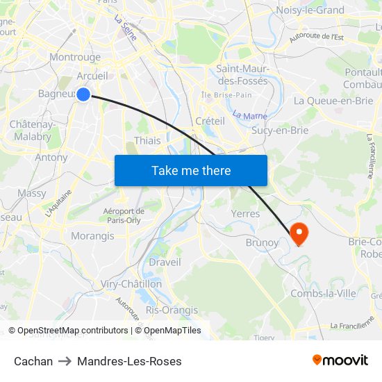 Cachan to Mandres-Les-Roses map