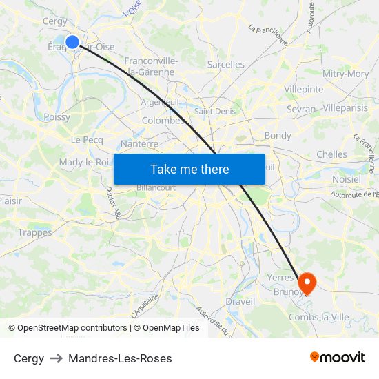 Cergy to Mandres-Les-Roses map