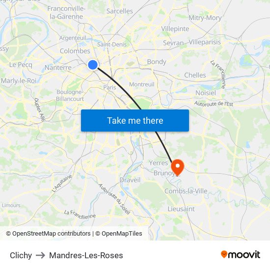Clichy to Mandres-Les-Roses map