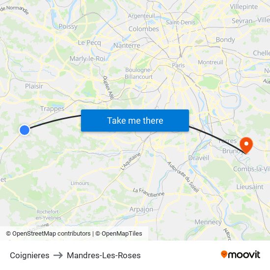 Coignieres to Mandres-Les-Roses map