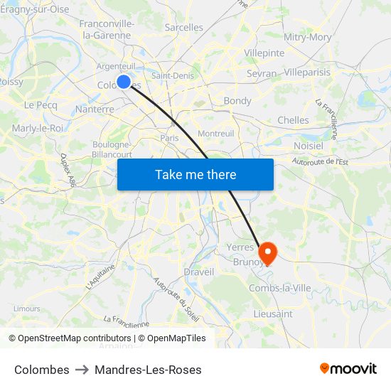 Colombes to Mandres-Les-Roses map