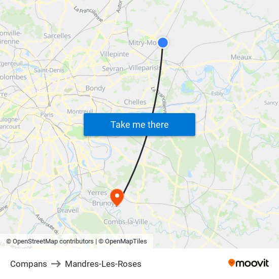 Compans to Mandres-Les-Roses map