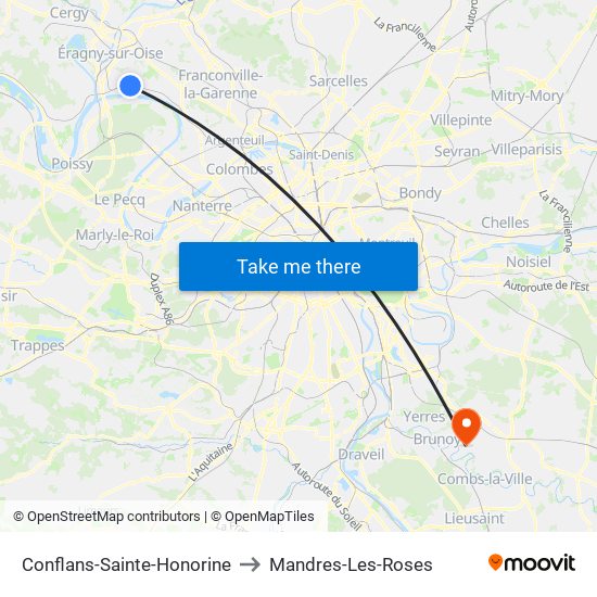 Conflans-Sainte-Honorine to Mandres-Les-Roses map