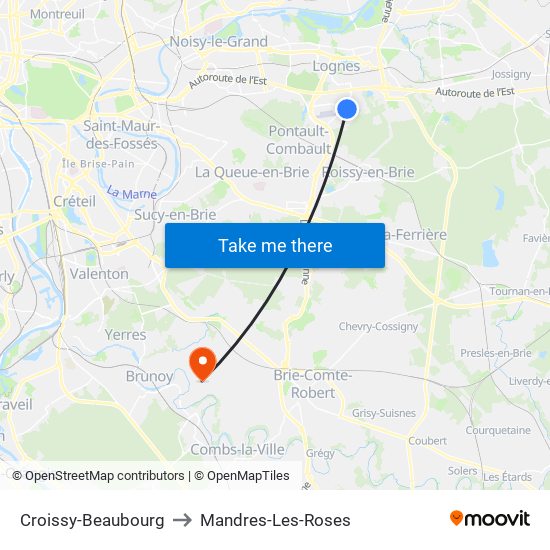 Croissy-Beaubourg to Mandres-Les-Roses map