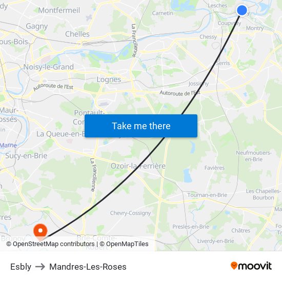 Esbly to Mandres-Les-Roses map