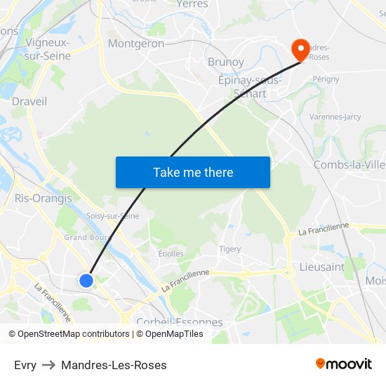 Evry to Mandres-Les-Roses map
